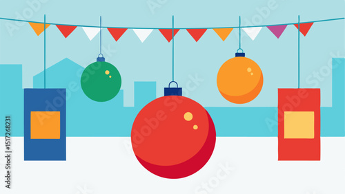 Christmas Ornaments Large shiny Christmas ornaments suspended from colorful sales banners that decorate the storefronts creating a festive vibe.