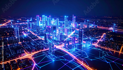 Wallpaper Mural Neon Cityscape at Night: A vibrant, futuristic cityscape at night, illuminated by neon lights and glowing network lines, creating a breathtaking scene of urban energy and technological advancement. Torontodigital.ca