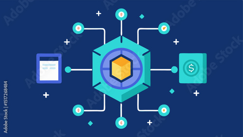 Data Security A digital vault with the blockchain symbol containing various supply chain data elements while showing how the data is protected and accessible only to authorized