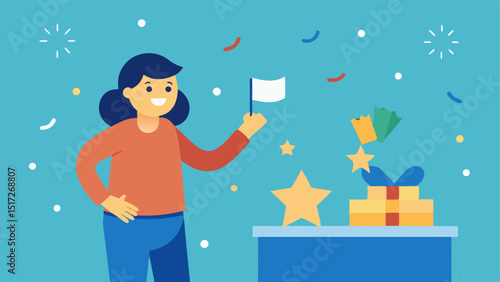 Celebratory Offers A dynamic shower of starshaped confetti flows downwards. Below a cheerful cashier stands next to a large banner displaying amazing sales with percentages.