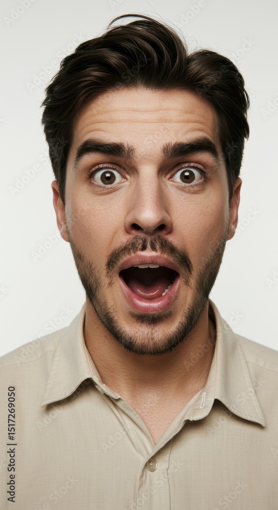 Astonished Man Close-up Portrait: Shocked Expression, Wide Eyes, Open Mouth, Beige Shirt Astonished Man Close-up Portrait: Shocked Expression, Wide Eyes, Open Mouth, Beige Shirt