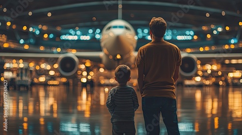 Two boys admire airplane in hangar