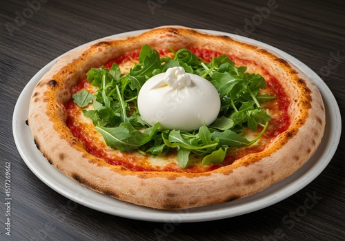 Delicious pizza topped with fresh burrata cheese and vibrant arugula on a plate, ready to be enjoyed. The pizza is an artful blend of flavors and textures, inviting a culinary journey
