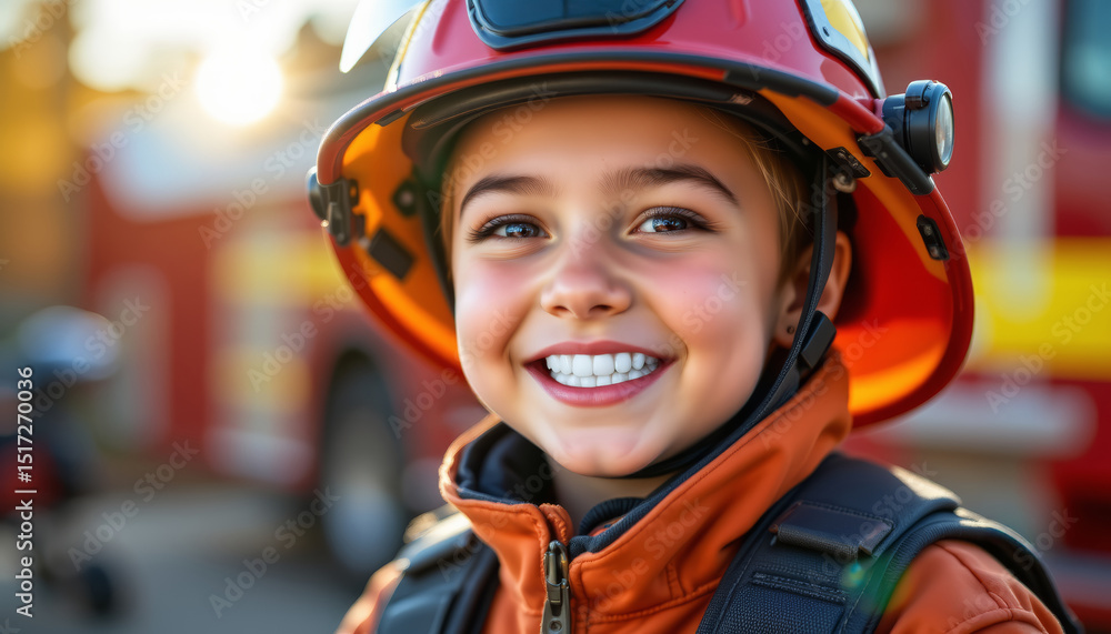 Young child wearing firefighter helmet and jacket, smiling brightly in front of fire truck, radiating joy and excitement Young child wearing firefighter helmet and jacket, smiling brightly in front of fire truck, radiating joy and excitement