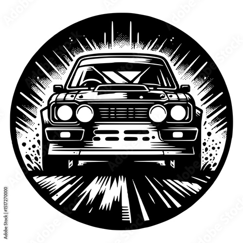 A gritty rally car club logo in black, showing a rally car head-on