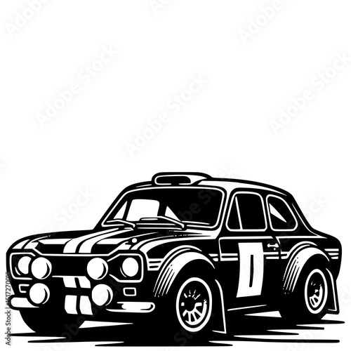 A retro rally team logo featuring a vintage rally car with racing stripes