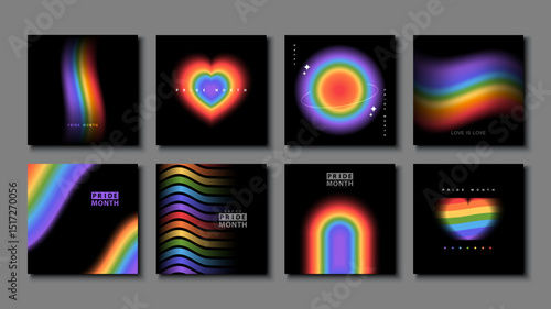 LGBT Pride Month Banners Collection. Set of vector templates square design with Rainbow colors for LGBT Pride Month illustration on black background.