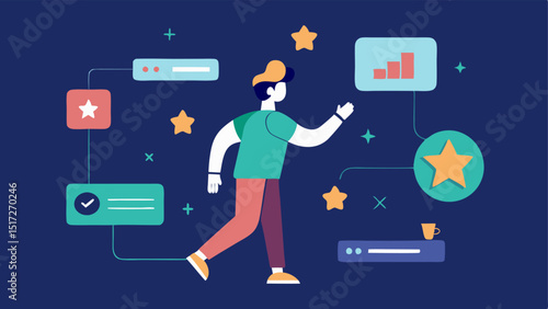 Goal Setting Interface The user is seen interacting with a virtual goalsetting interface creating and adjusting fitness milestones represented as 3D stars and badges.