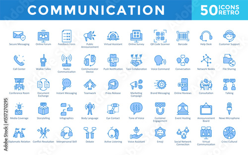 Communication icons set with secure messaging, online forum, feedback form, public announcement, virtual assistant, online survey, qr code scanner, barcode, help desk icon. Simple retro vector 
