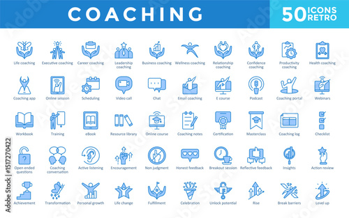 Coaching icons set with life, executive, career, leadership, wellness, business, confidence, relationship, productivity, health icon. Simple retro vector 
