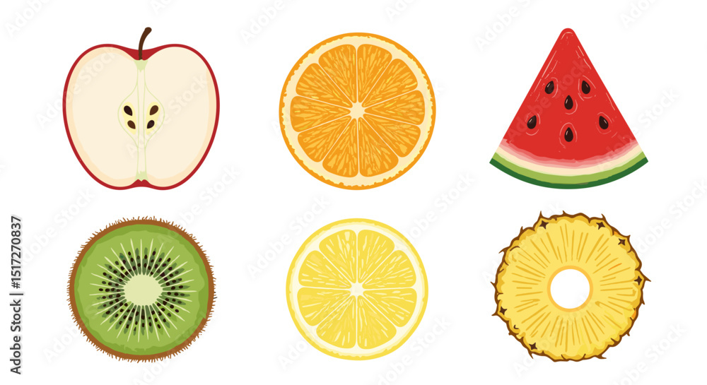 Illustration of a selection of halved fruits including apple orange watermelon kiwi lemon and pineapple Illustration of a selection of halved fruits including apple orange watermelon kiwi lemon and pineapple