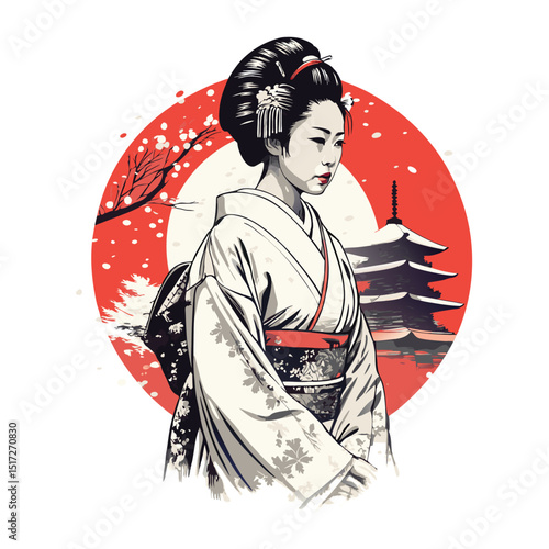 Detailed hand drawn illustration of a beautiful Japanese geisha smiling gracefully in a kimono