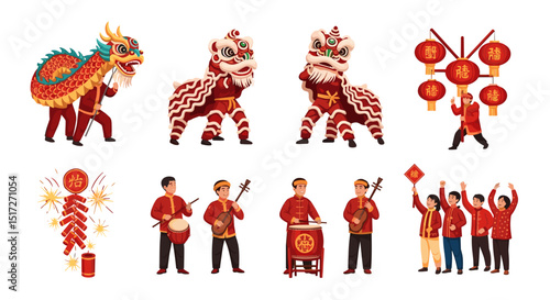 A vibrant chinese new year celebration scene featuring dragon and lion dances with musicians and lanterns