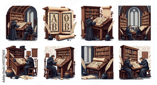 Illustrations depicting monks writing in scriptorium with books, scrolls, and inkwells in medieval setting