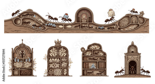 Illustration showing the inside of an ant colony with ants carrying objects and tending to their home life