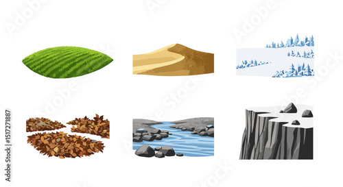 Illustration of various terrains including grassland, desert, snow, forest, river, and cliffside landscape
