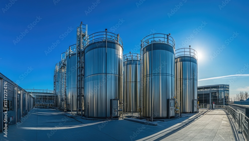 Fototapeta premium A panoramic view of an industrial chemical plant with towering steel tanks and pipes