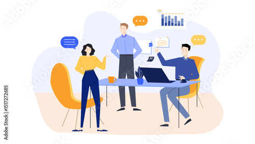 Three people discussing business strategies in a modern office setting. Perfect for illustrating workplace communication and team collaboration concepts.