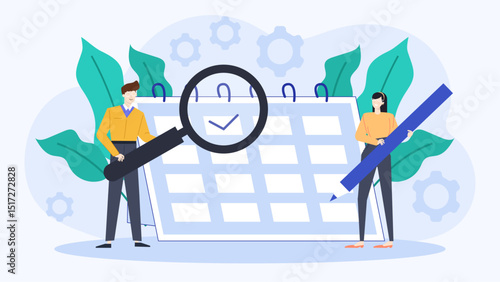 Planning and progress concept with two people standing next to a calendar, checking off a task. Suitable for scheduling or time management designs.