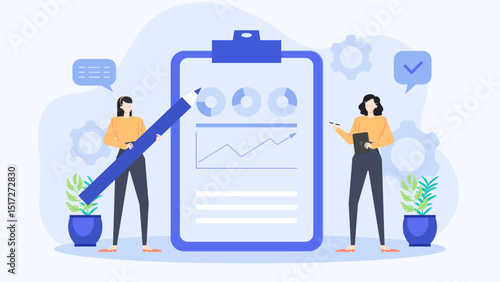 Business partners review data on clipboard with chart and graph. Suitable for presentations, reports, teamwork, collaboration, analysis concepts.