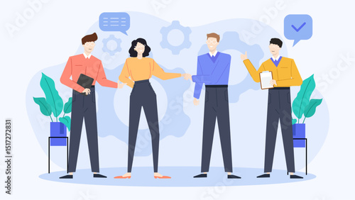 Four businesspeople in a meeting, discussing work strategy. Suitable for presentations, websites, blog articles, and print marketing materials.