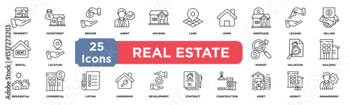Real Estate icon collection set. Containing property,investment,broker,agent,housing,land,home,mortgage,leasing,selling icon. Simple line vector.
