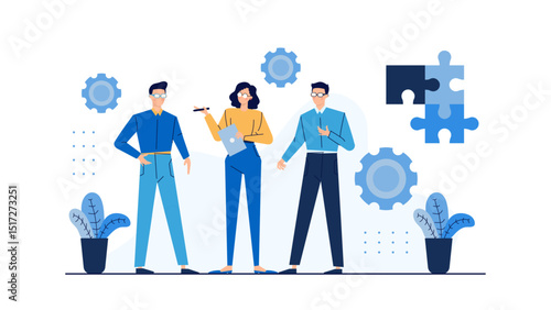 Three people in front of a puzzle, working together to solve it. Teamwork, collaboration, problem-solving concepts for business or education purposes.