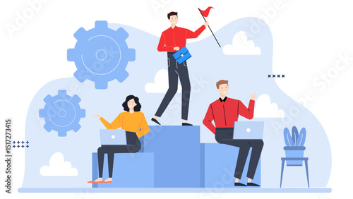 Three people collaborate on a laptop on wooden blocks. Ideal for teamwork, cooperation, remote work, tech, and business concepts.