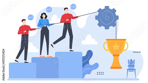 Three individuals collaborate to move a gear towards a victory trophy in a teamwork or achieving success concept visual. Suitable for motivation and goalsetting concepts.