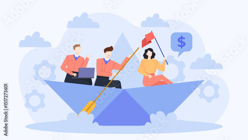 Three people rowing paper boat towards dollar sign. Conceptual financial journey. Ideal for finance, teamwork, investment, and success visuals.