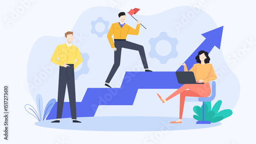 Three people on a blue arrow climbing a staircase made of blue steps for business concept or personal growth illustrations. Staircase ascension business team success collaboration
