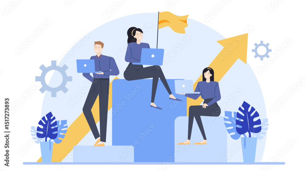 Three people working on laptops with a yellow arrow pointing upward. Perfect for business, teamwork, success, growth concepts. Three people working on laptops with a yellow arrow pointing upward. Perfect for business, teamwork, success, growth concepts.