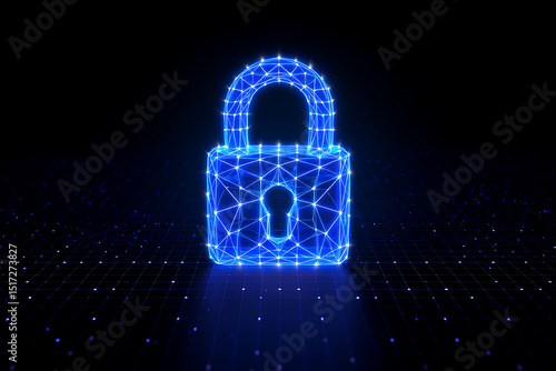 Abstract blue digital padlock on grid background