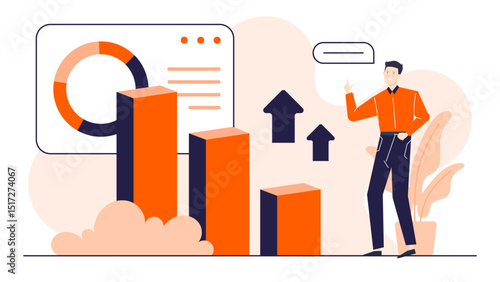 Man pointing at a chart showing upward growth suitable for business presentations, financial reports, marketing materials, investment blogs, and economic articles.