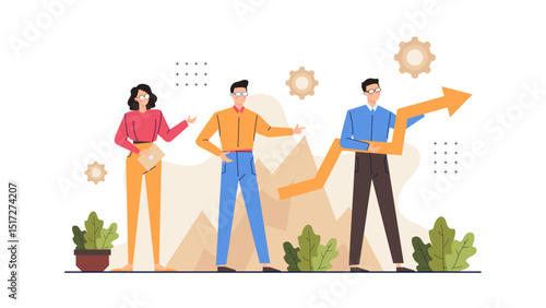 Three people standing in front of an upward arrow, symbolizing growth, success, teamwork. Ideal for business presentations or motivational content.
