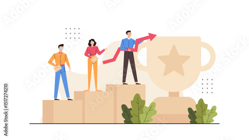 Three people on podiums with trophy, celebrating victory. Suitable for success, teamwork, competition, achievement, sports, and recognition concepts.