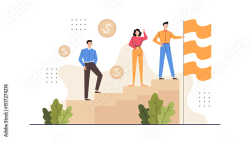 Three people posing on stairs with a flag for teamwork concept. Can be used for patriotic, teamwork or success themes.