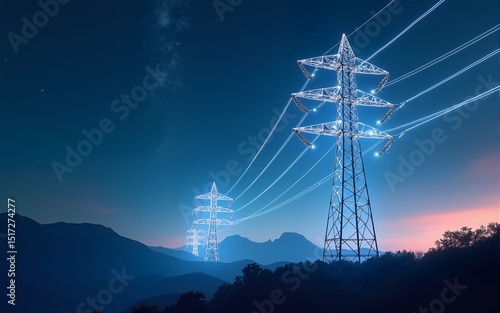 3D Render Of Power Transmission Lines with 3D Digital Visualization of Electricity. Fantastic Visuals of Night Sky Full of Bright Stars. Concept of Renewable Green Energy Powering Human Progress.