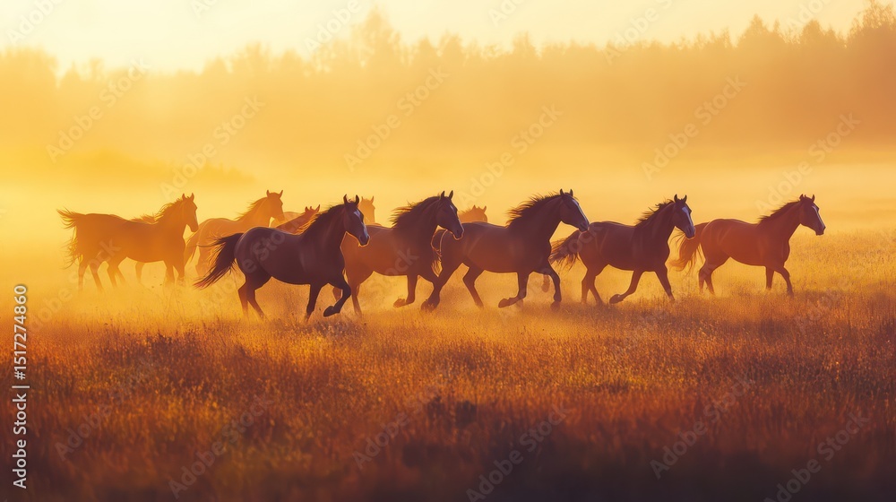 Majestic Horses Running Through Golden Sunrise Meadow Majestic Horses Running Through Golden Sunrise Meadow