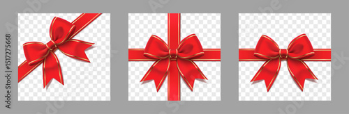 3d realistic vector icon illustration. Red velvety satin ribbon bow with golden elements. Isolated element for your product and ad.