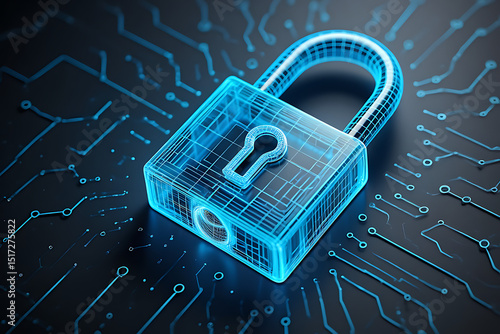 Digital security concept wireframe padlock on circuit board