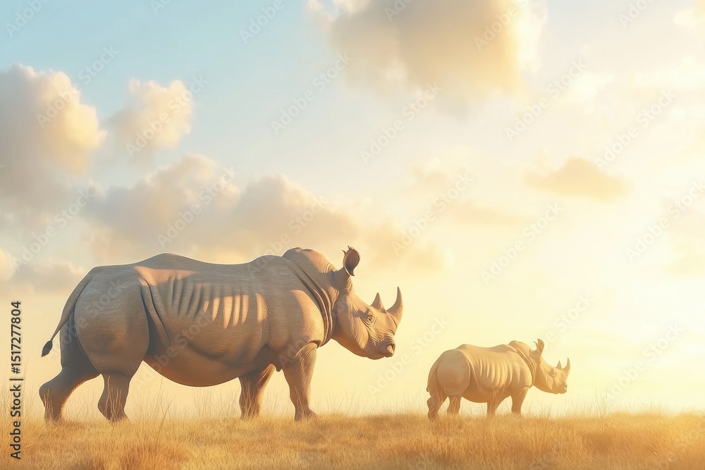 Fototapeta premium Rhino family walks gracefully through the savannah under a golden sky at sunset, A rhino family is walking in the savannah