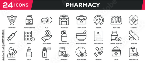 Set of line icons related pharmacy, medicine, drug, healthcare, treatment. Editable stroke. Perfect pixel on transparent background