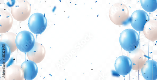 Elegant blue white balloons and party confetti ribbon, for happy Birthday celebration card banner template background