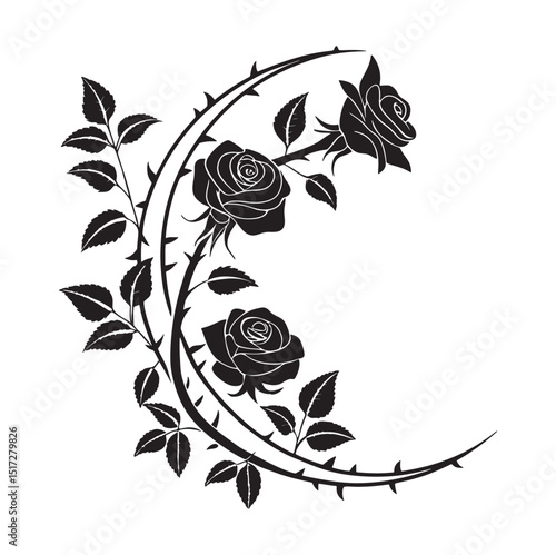 Black and white illustration of roses on a thorny stem curved into a crescent moon shape