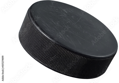 A close up studio shot of a black hockey puck on a black background with a slight angle and texture