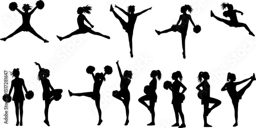 Vector silhouettes of young girls cheerleaders.
