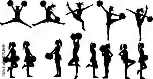 Vector silhouettes of young girls cheerleaders.
