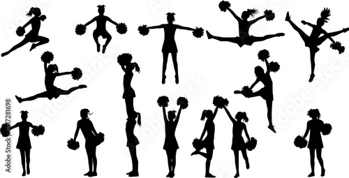 Vector silhouettes of young girls cheerleaders.
