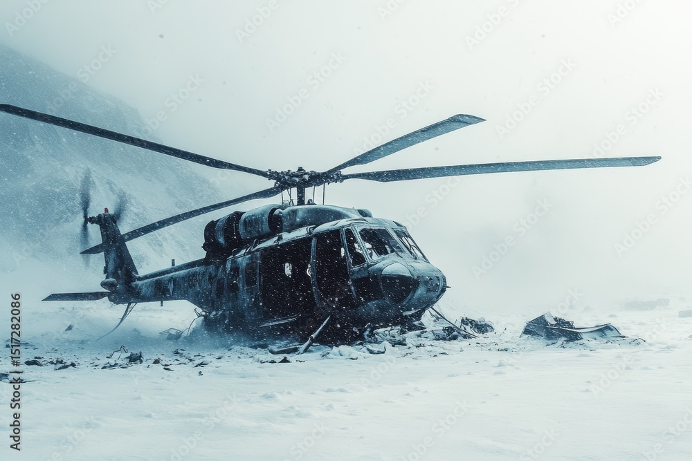 Obraz premium Downed Army helicopter in snowy mountainous terrain during a harsh winter weather event, A close-up view of a downed Army helicopter in a snow-covered landscape
